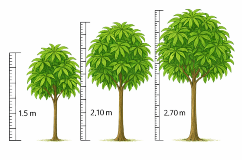 Illustrations of mango trees pruned at heights of 1.50, 2.10 and 2.70 metres.