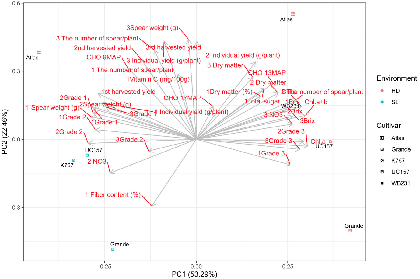 Principal component analysis biplot for asparagus cultivars at Son La and Hai Duong